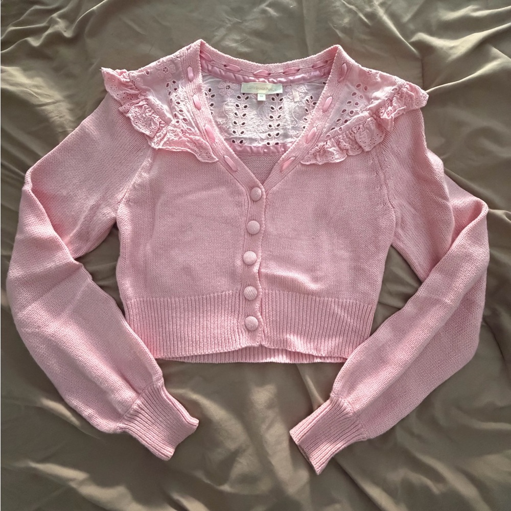 LoveShackFancy pink button up sweater